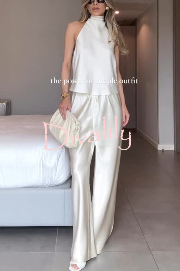 Modern Day Glam Satin Halter Tie-up Tank and Elastic Waist Wide Leg Pants Set