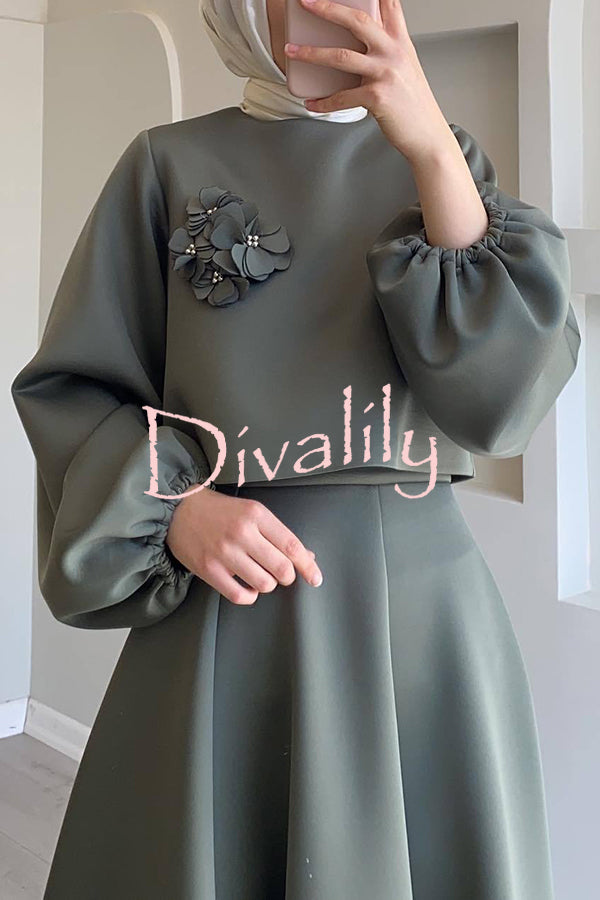 Solid Color Flower-embellished Lantern Sleeve Loose Top and Casual Maxi Skirt Set