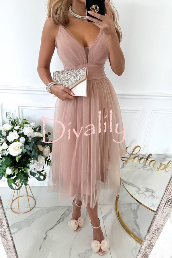 Stylish Luxury Tulle Ruched Waist Pleated Slip Formal Midi Dress