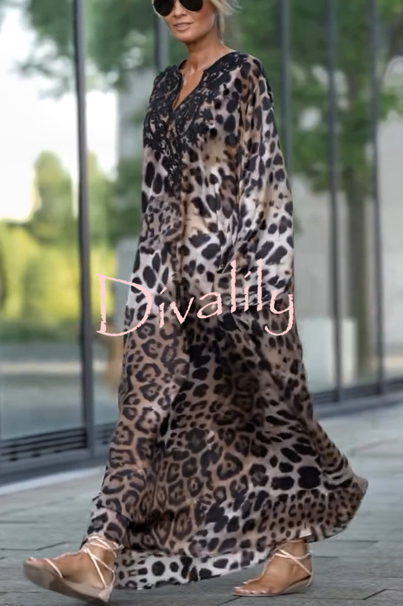 Rayna Lace Mixed Leopard Print Balloon Sleeve A-line Maxi Dress