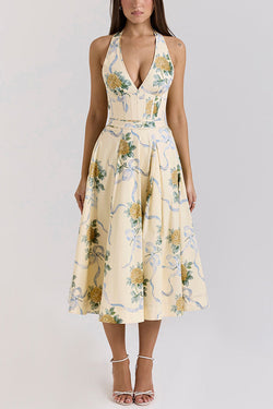 Resort Star Floral Print Waist Halterneck Tie Pocket Midi Dress
