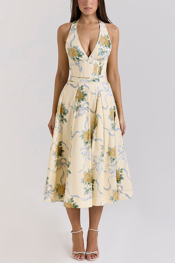 Resort Star Floral Print Waist Halterneck Tie Pocket Midi Dress