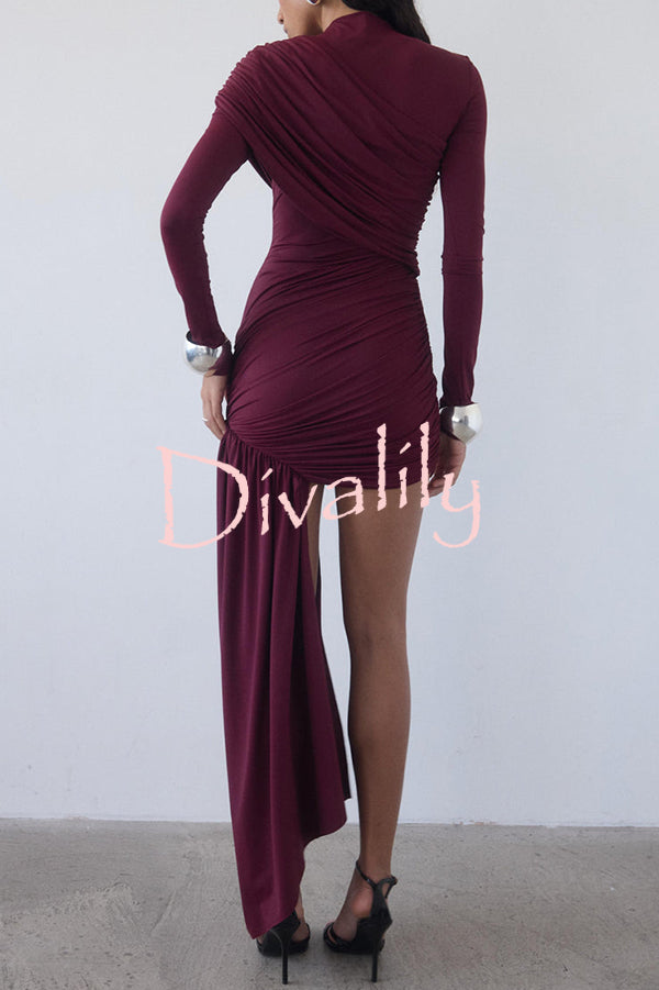 Solid Color Long-sleeved Pleated Slim-fit Elegant Ribbon Mini Dress