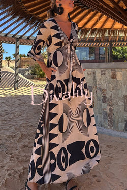 Unique Print V-Neck Tie Loose Pocket Casual Maxi Dress
