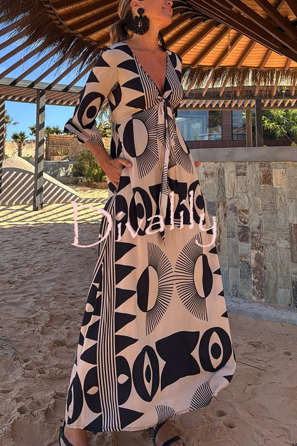 Unique Print V-Neck Tie Loose Pocket Casual Maxi Dress