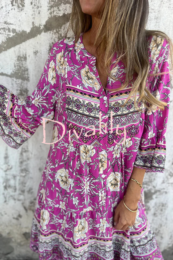 Ethnic Floral Print V-neck Loose Pocket Mini Dress