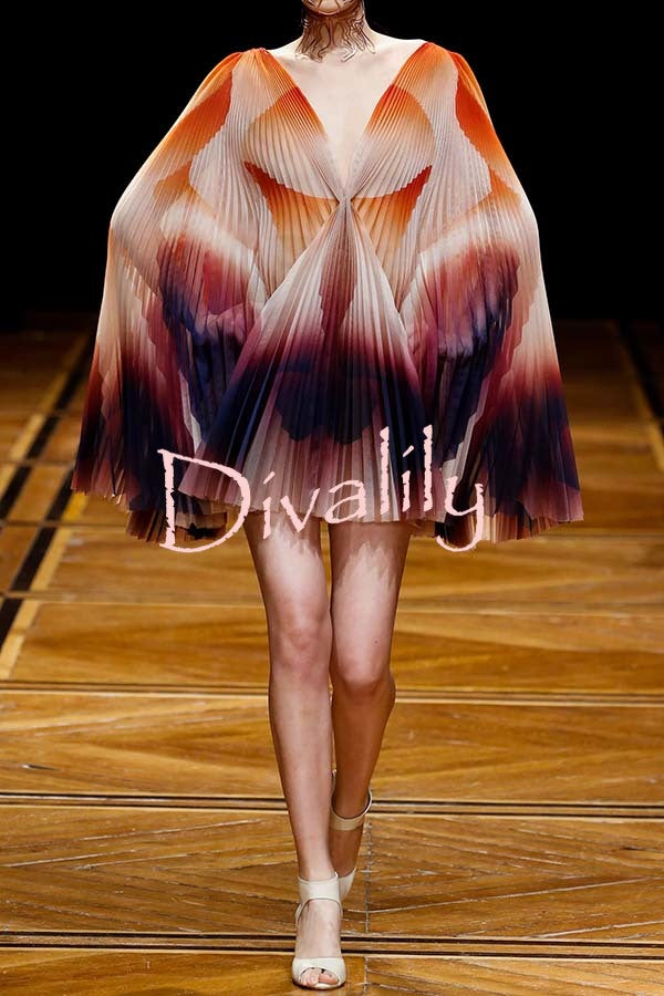 Like A Butterfly Pleated Unique Print Slit Bell Sleeve A-line Mini Dress