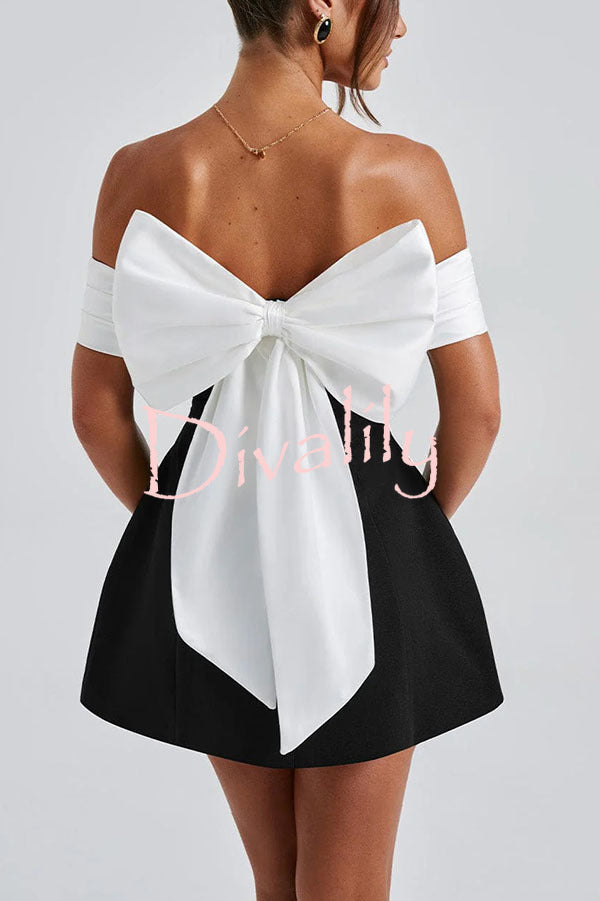 Sexy Contrast Off-the-shoulder Bow-embellished Mini Dress