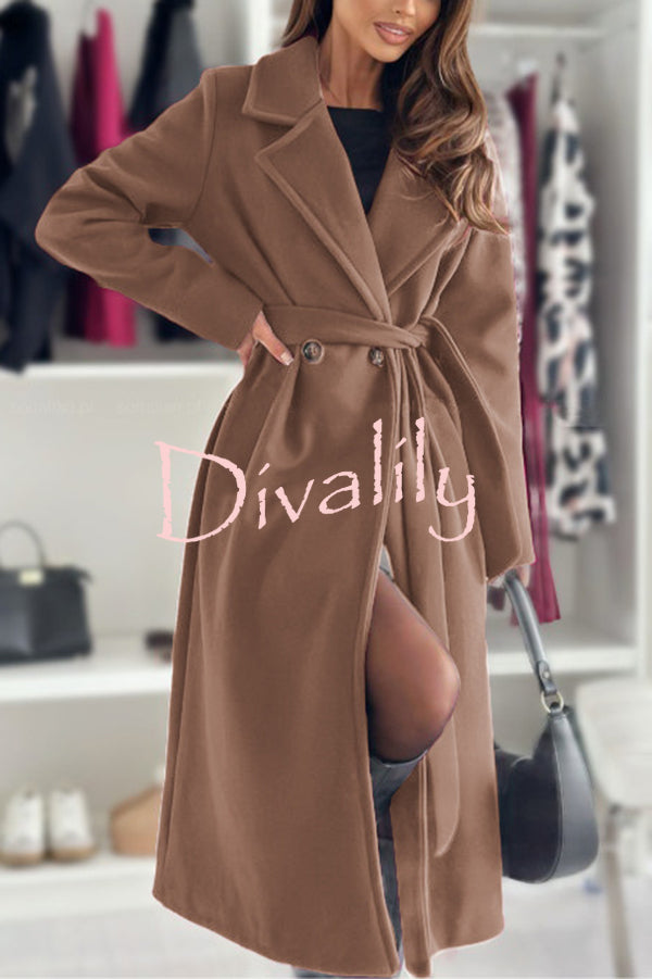 Solid Color Lapel Long Sleeve Waist Tie Long Coat