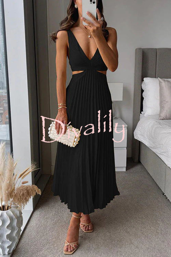 Summer Social Stain Pleated Cutout Waist Loose Midi Dress