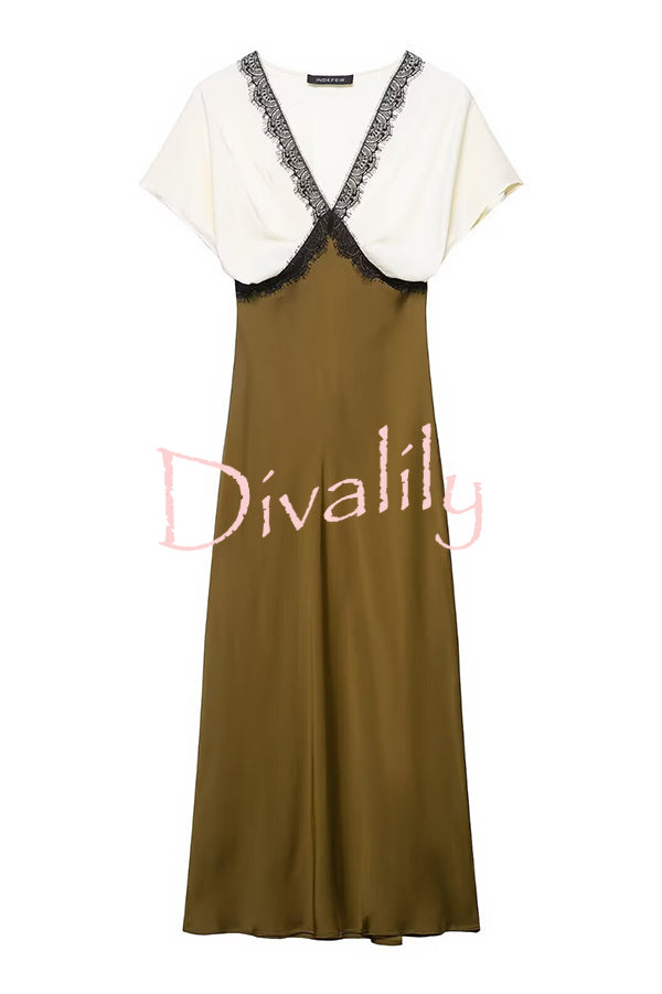 Fashionable Contrast Color V-neck Lace Stitching Maxi Dress
