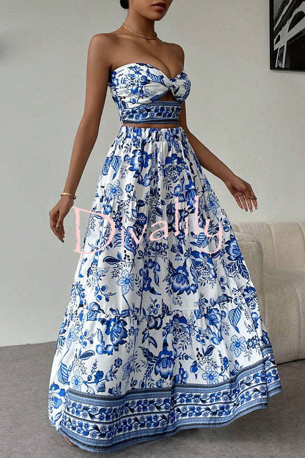 Floral Print Cutout Bandeau Top and Elastic Waist Full Maxi Skirt Set