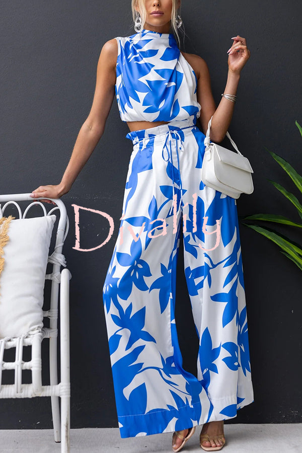 Girls Night Satin Printed High Neck Top and Elastic Tie-up Waist Pocket Wide Leg Pants Set