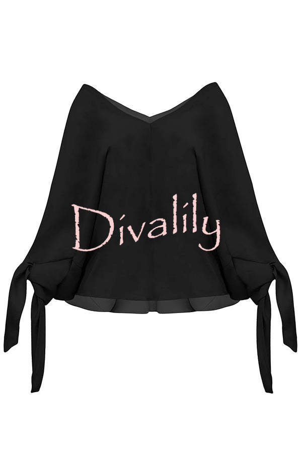 Joyful Bond Linen Blend V-neck Knotted Cuff Half Sleeve Loose Top