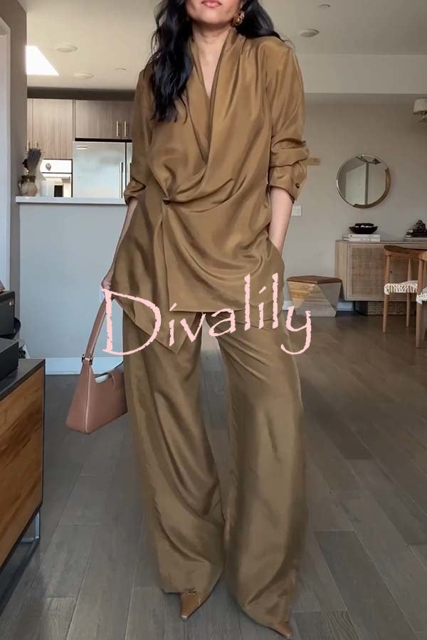 Bella Satin Drape Collar Single Button Casual Blazer and Elastic Waist Pocket Loose Pants Set