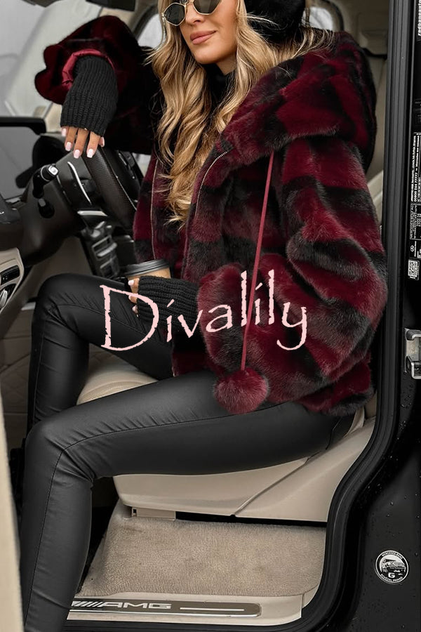 Winter Latte Gradient Print Ribbed Balloon Sleeve Hooded Loose Plush Coat