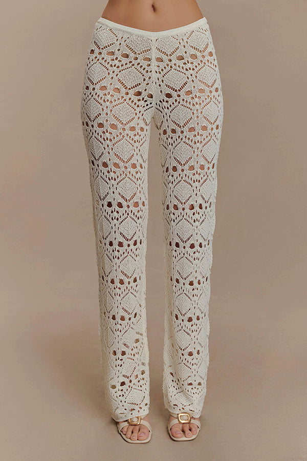 Trena Crochet Knit Hollow Mid Rise Stretch Wide Leg Pants