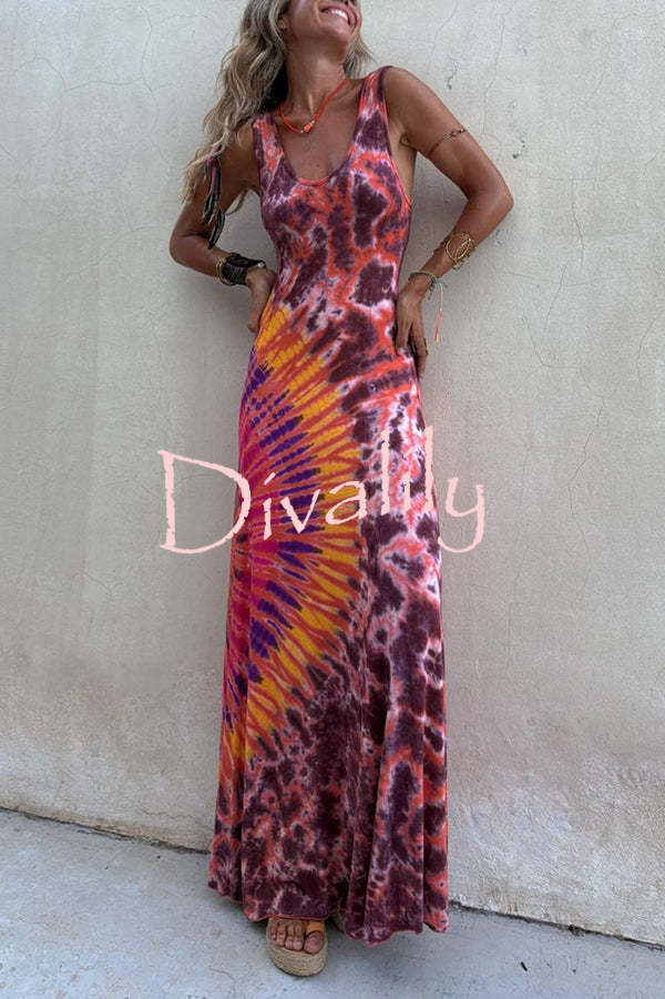 Boho Happiness Tie-dye Print Back Lace-up Stretch Maxi Dress