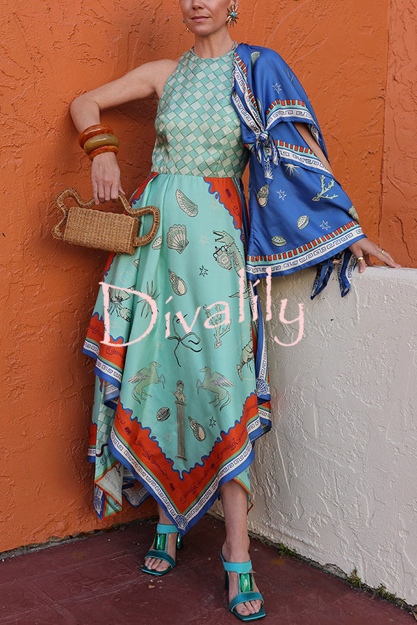 Surrealist Summer Satin Unique Print Tie-up Details Layered Hem Scarf Maxi Dress