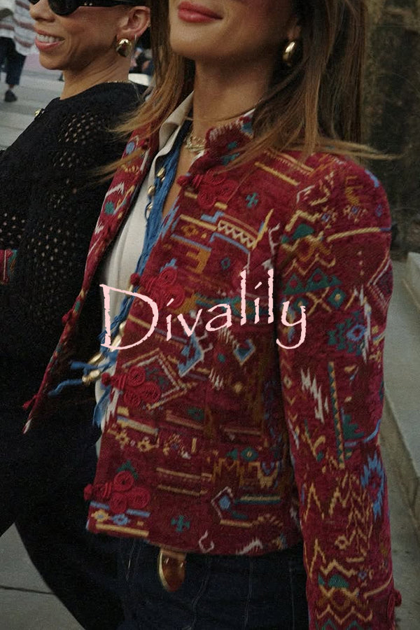 Vintage Bohemian Printed Chinese Style Buttons Long Sleeve Crop Jacket
