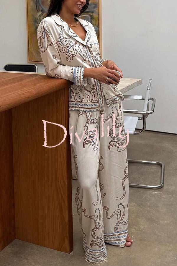 Calm Seas Line Octopus Unique Print Loose Shirt and Elastic Waist Pocketed Pajama Set