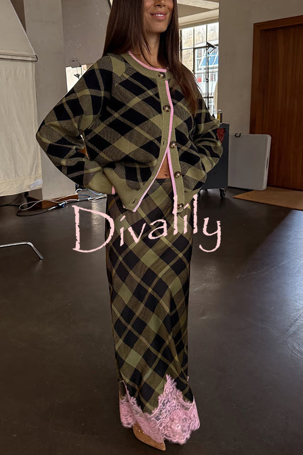 Holiday plaid Satin Unique Print Patchwork Lace Stretch Waist Draped Maxi Skirt