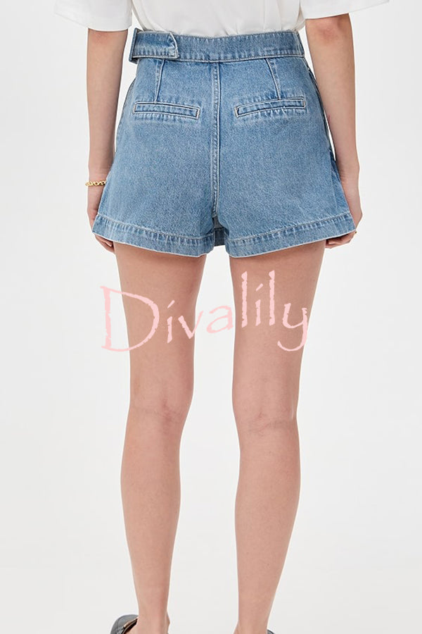 Fall for That Denim Faux Wrap Buckle Tie Pocketed Mini Shorts
