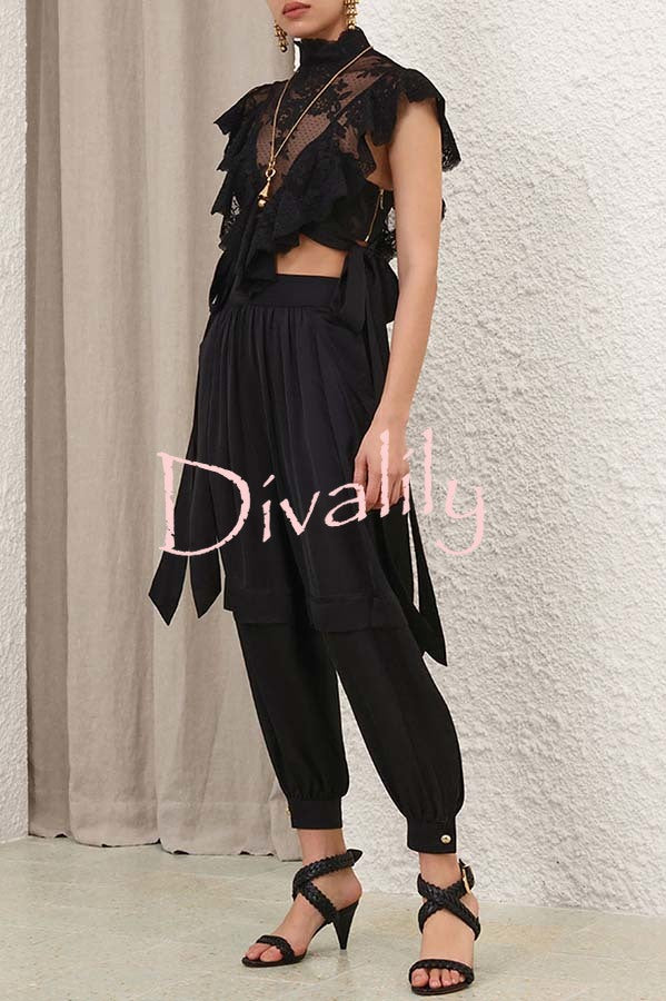 Esella Satin Gathered Waist Pocket Button Ankle Cuffs Harem Pant