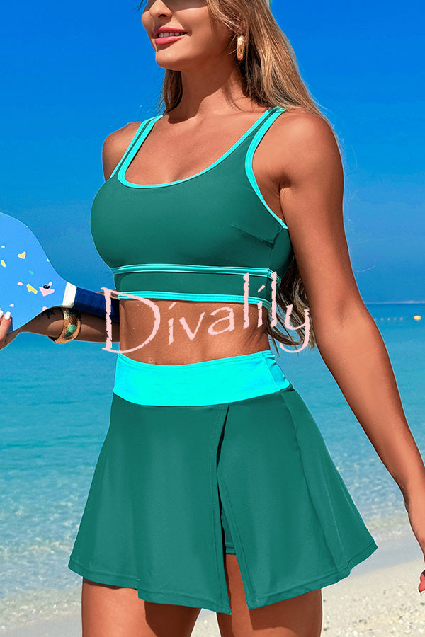 Fashion Contrast Color Stretch Sports Two-piece Bikini Swimsuit