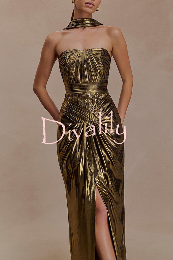 Clemence Plisse Metallic Fabric Reverse Halter Beck Strap Drape Slit Maxi Dress