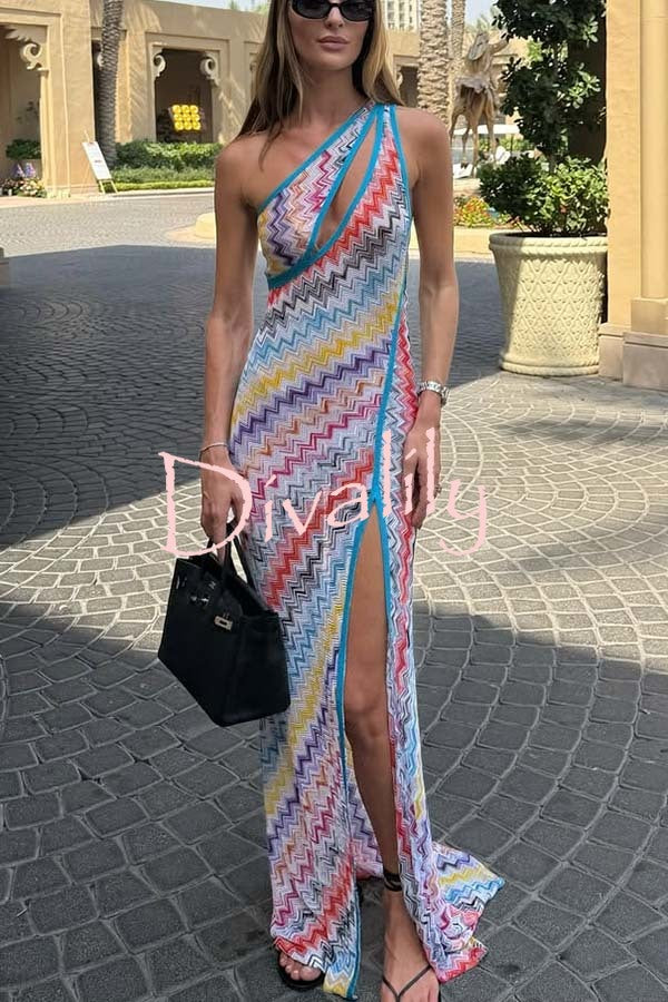 Ivanie Knit Colorful Zigzag Pattern One Shoulder Cutout Slit Maxi Dress