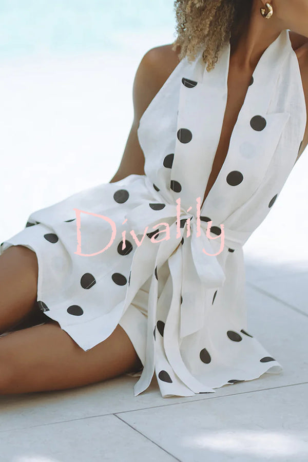 Gabby Linen Blend Polka Dot Tie-up Lapel Halter Vest and Metal Ring Belt Loose Shorts Set