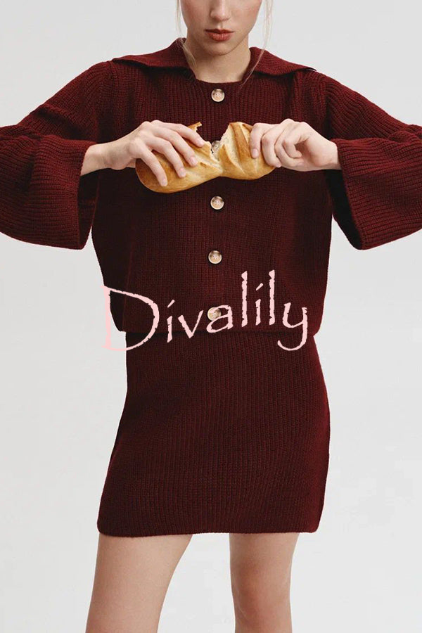 Fashion Lapel Bell Sleeve Knitted Cardigan and Casual Mini Skirt Set