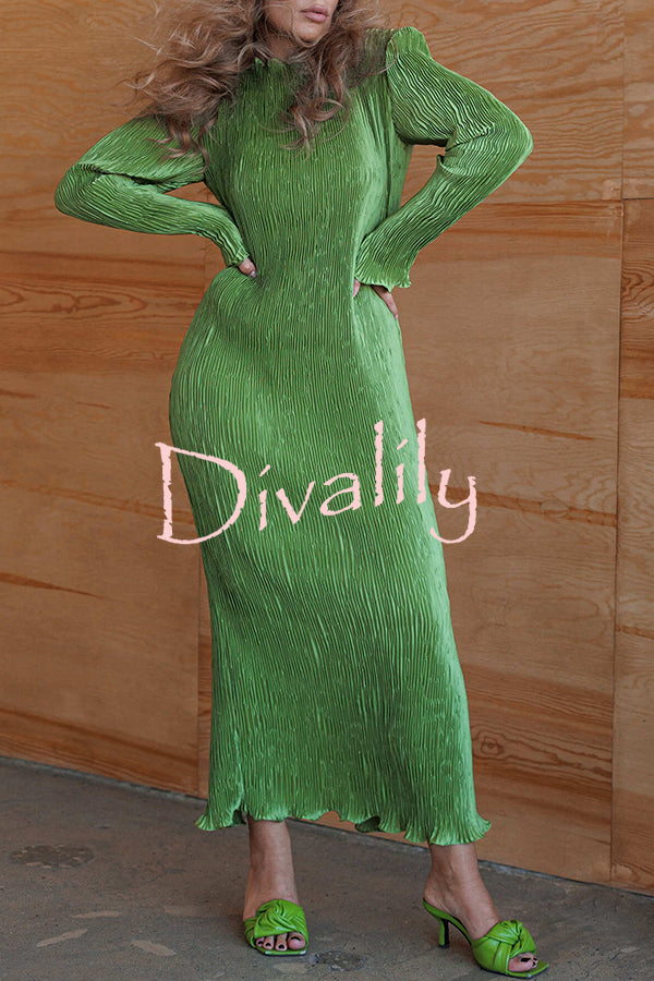Hansin Satin Pleated Fabric Long Sleeve Wavy Trim H-line Slit Midi Dress