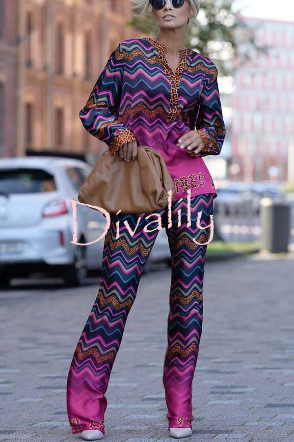 Coreen Leopard Colorful Wave Print Long Sleeve Shirt and Elastic Waist Pocket Pants Set