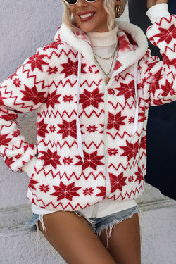 Christmas Snowflake Print Loose Hooded Pocket Zipper Jacket