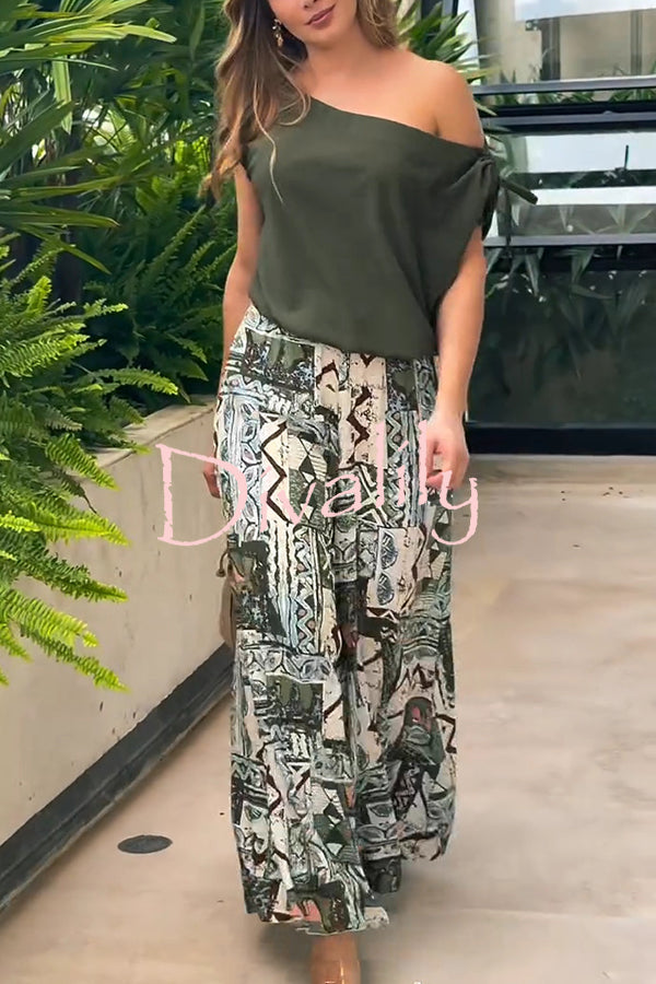 Terrace View Off Shoulder Tie Loose Top and Elastic Waist Unique Print Loose Pants Set
