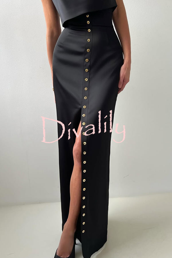 Solid Color Casual Sleeveless Crop Top and Elegant Button-down Maxi Skirt Set