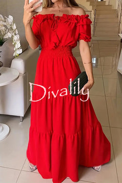Admit Your Feelings Off Shoulder Smocked Waist Maxi Dress