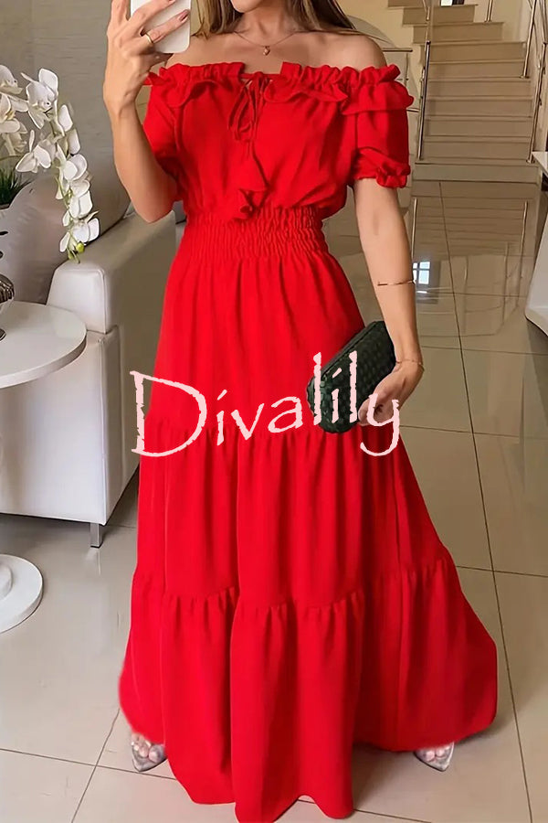 Admit Your Feelings Off Shoulder Smocked Waist Maxi Dress
