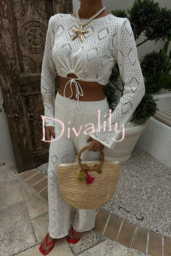 Solid Color Hollow Short Long-sleeved Top and Casual Stretch Wide-leg Pants Knitted Set