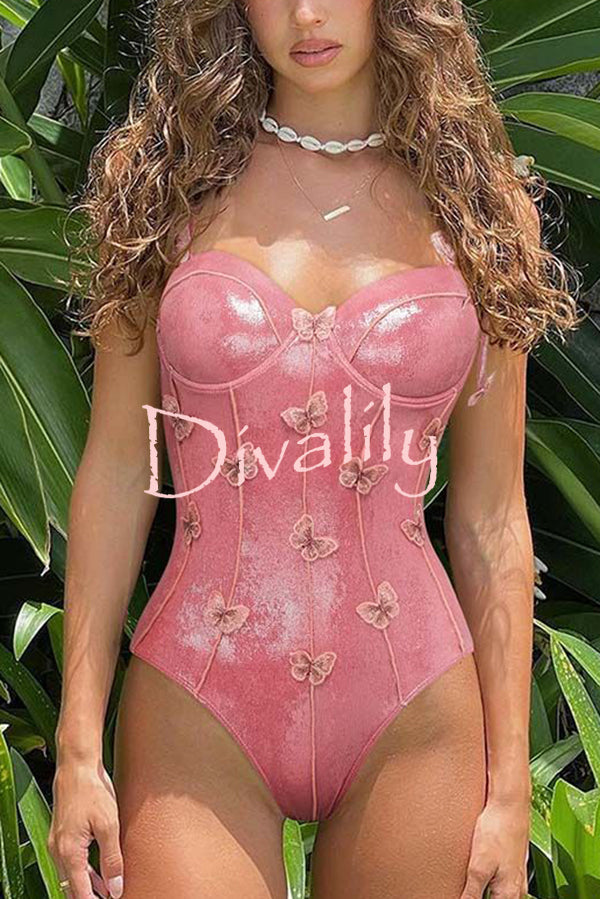 Solid Color Shiny Fabric Sweet Butterfly Decoration Stretch One-piece Swimsuit