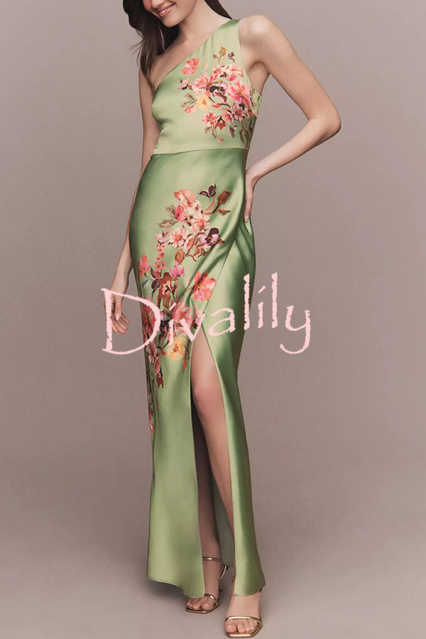 Wedding  Guest Satin Floral Print One Shoulder Side Slit Maxi Dress