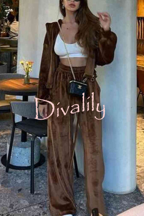 Velvet Casual Zip-up Hooded Top and Elastic Waist Wide Leg Pants Set