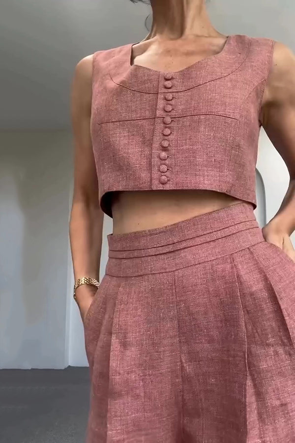 Maylin Solid Color Sleeveless Button-Down Top and Relaxed Pocket Straight Pants Set