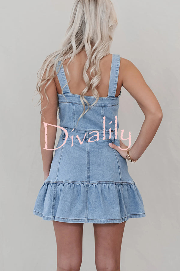 Solid Square Neck Suspender Button Pocket Denim Mini Dress