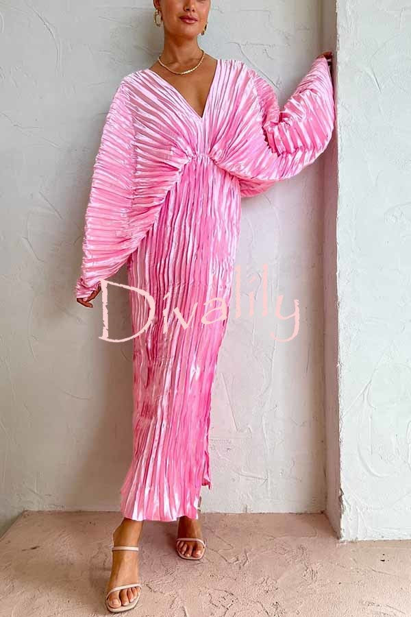 Sculpturally Luxurious Kimono Sleeve Pleated Cocoon Maxi Dress