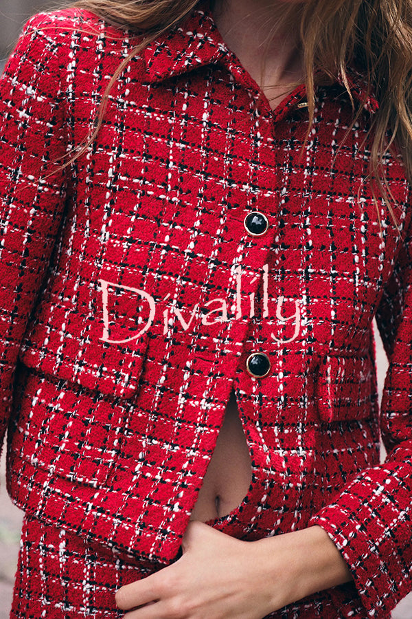 Tweed Plaid Textured Long-sleeved Casual Pocket Jacket