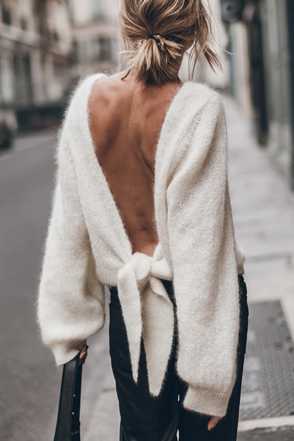 Chunky Season Knit Mohair-blend Long Sleeve Open Back Knot Design Loose Sweater