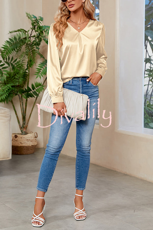 Satin Pleated V-neck Long-sleeved Loose Shirt